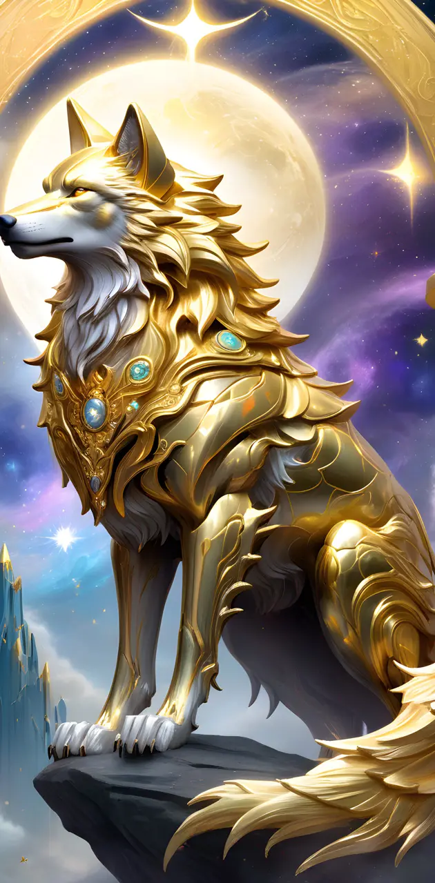 gold wolf gold armor trippy cool 3D anime