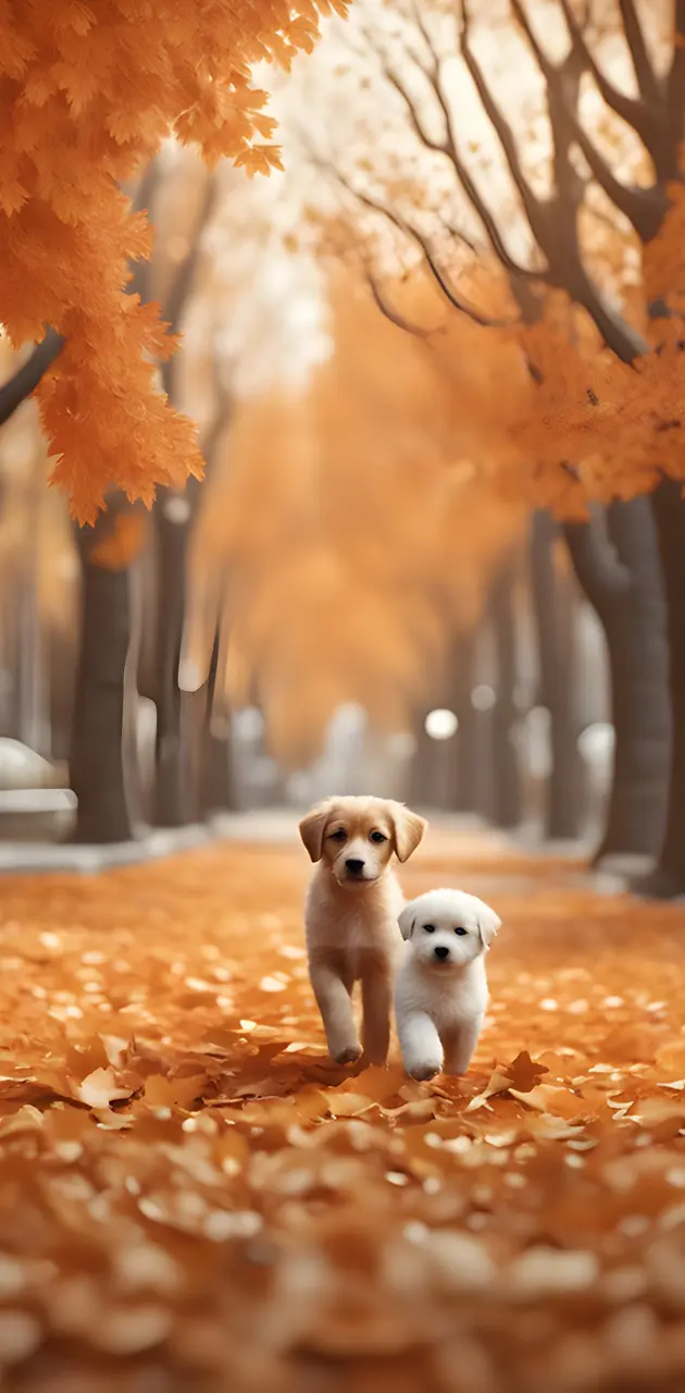 Two puppies on leaves