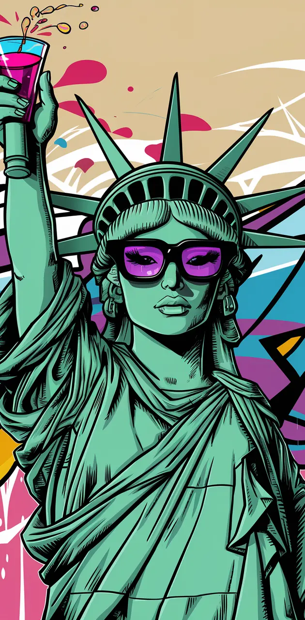 Illiustration of Statue of liberty. Wearing black and violet stylish g