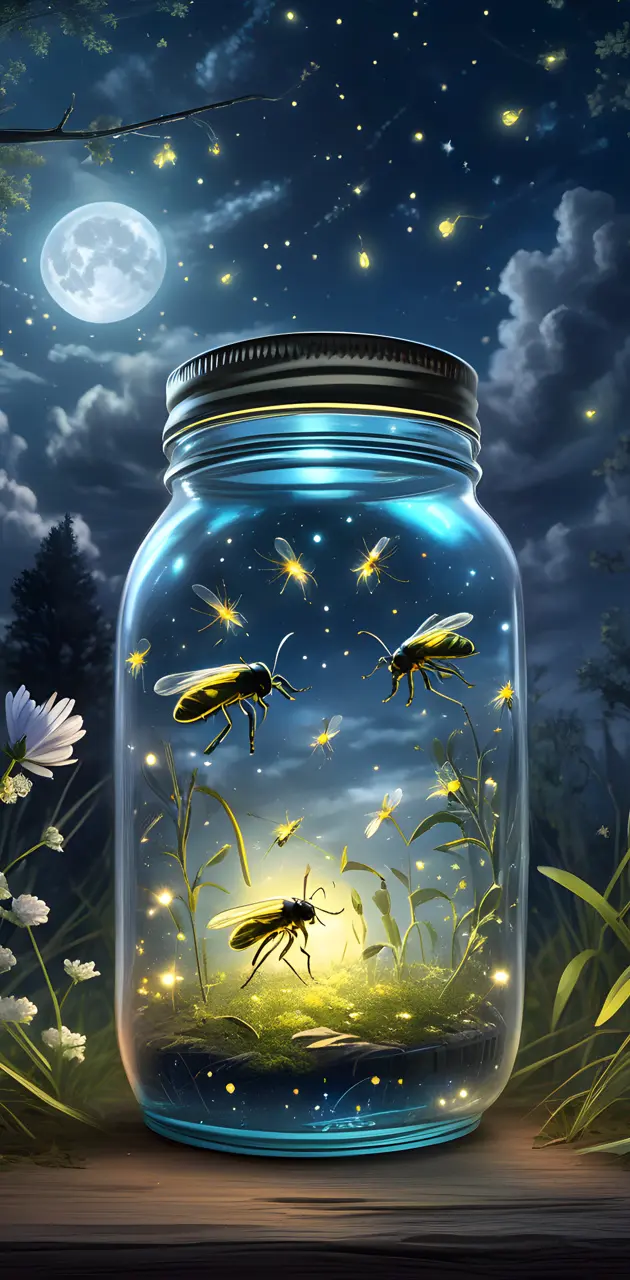 fireflies mason jar and full moon