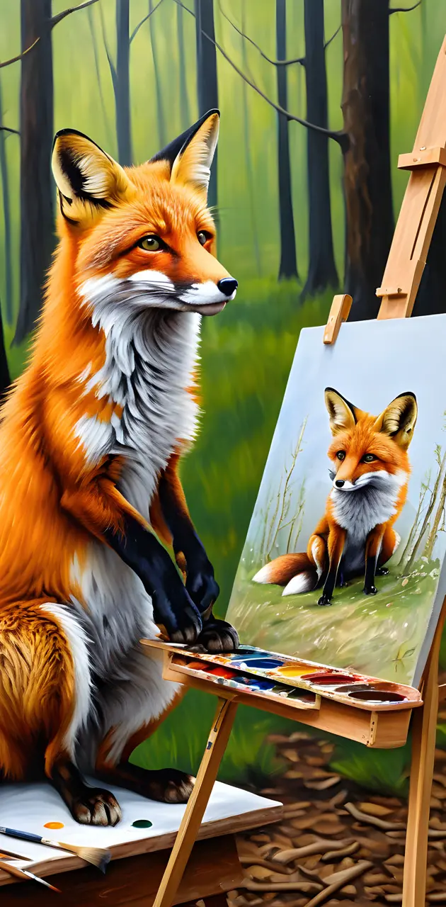 Fox standing with painting