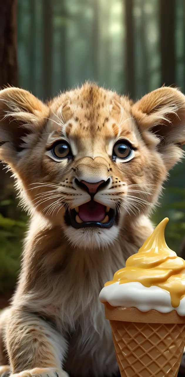 a lion cub eating a waffle cone