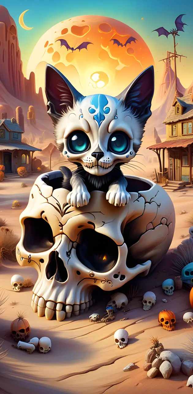 sugar skull cat in its home