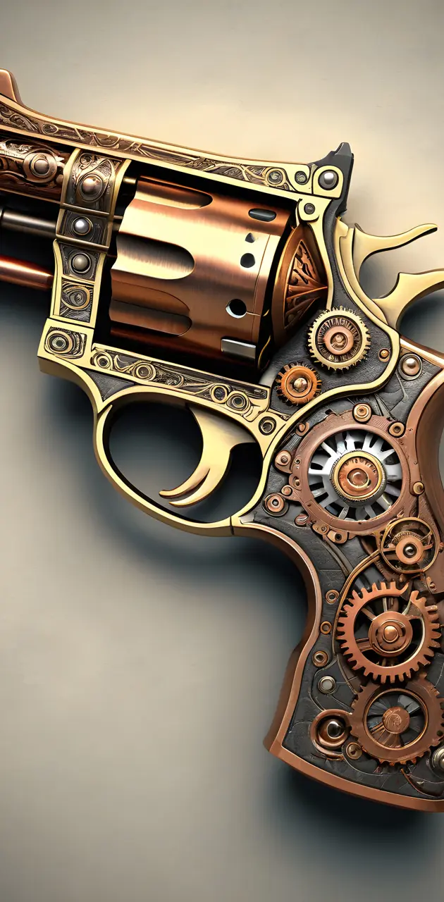 A close up view of a steampunk revolver