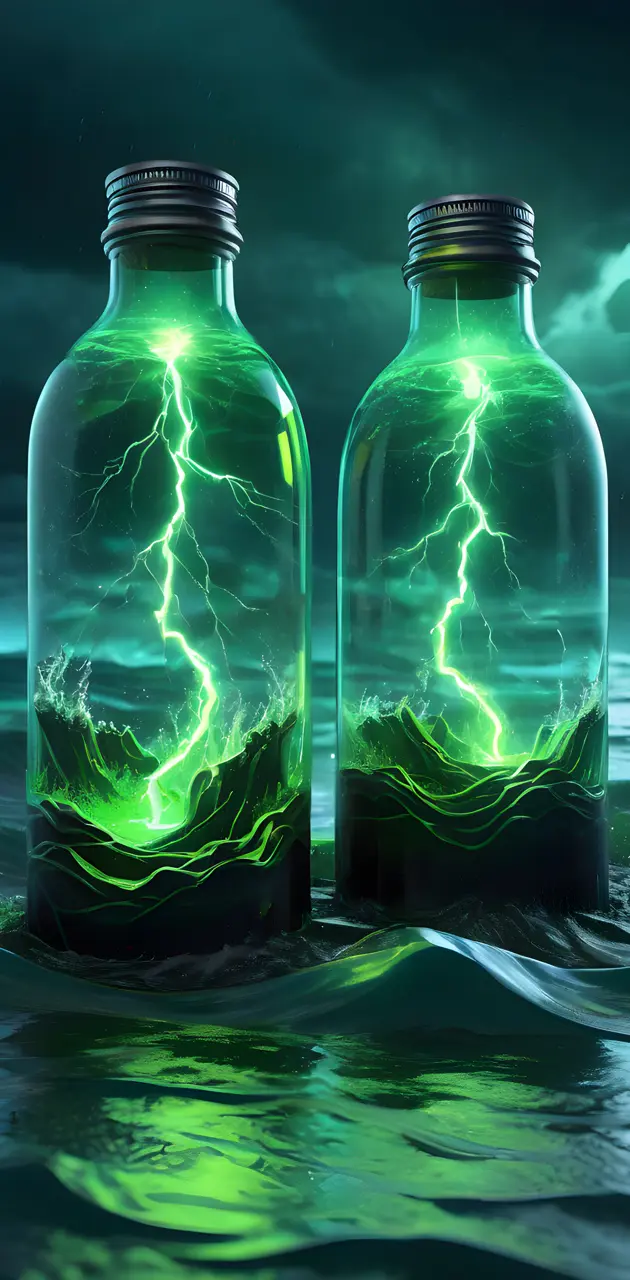 two glass bottles with green liquid in them