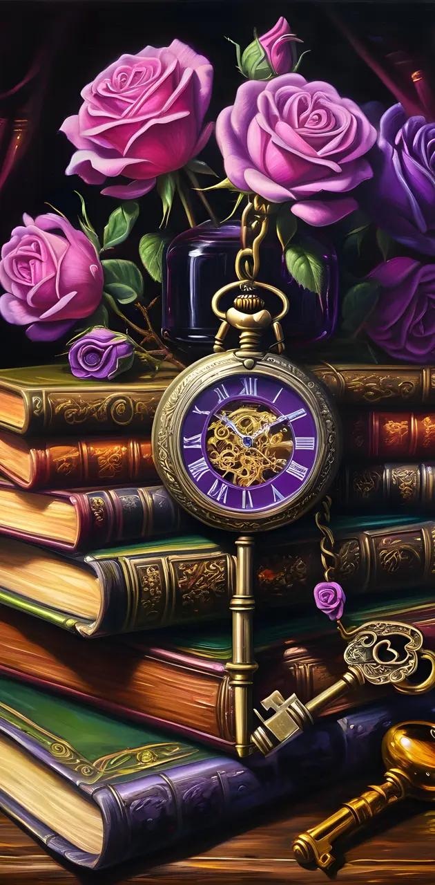 a clock with pink roses and books