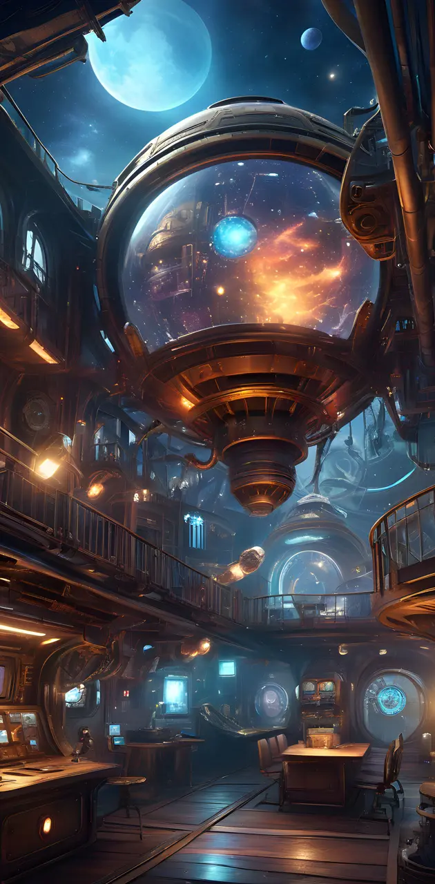 Starship deck in a steampunk environment