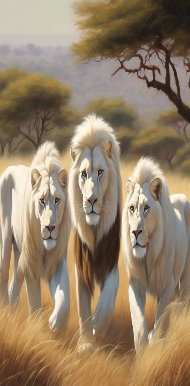 White lions walking together 