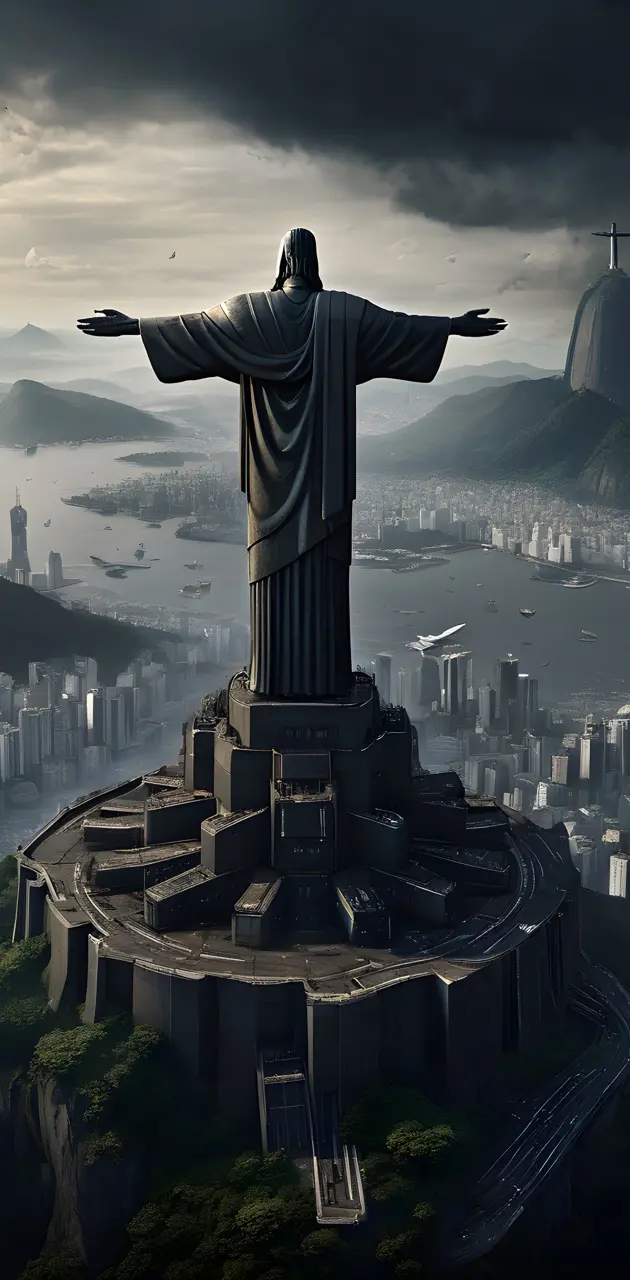 a statue of a person holding a cross on a hill above a city