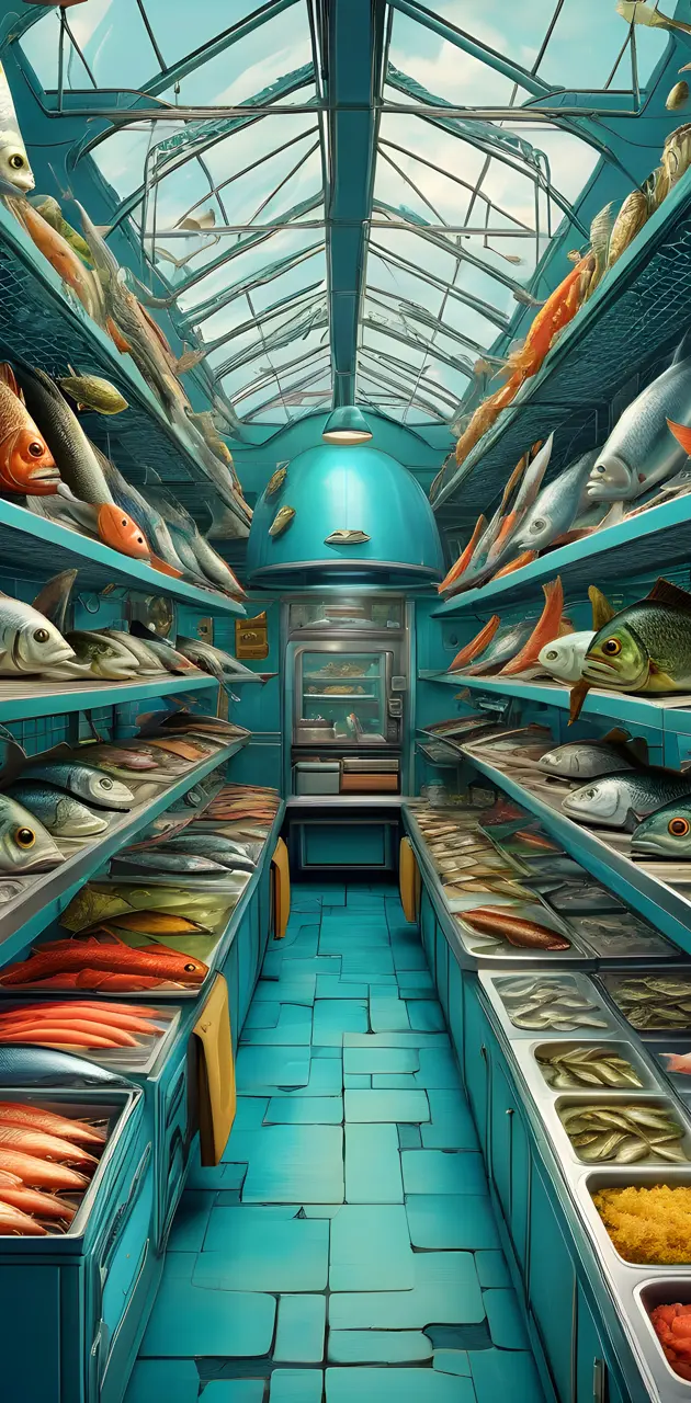 a large room with many fish in it