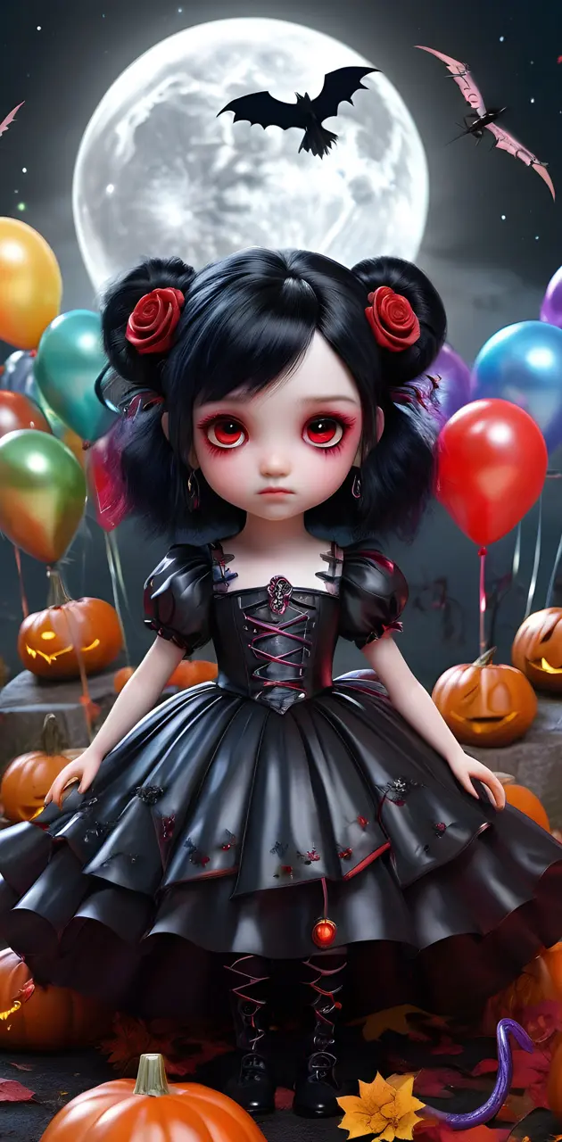 a doll with a black dress and red eyes