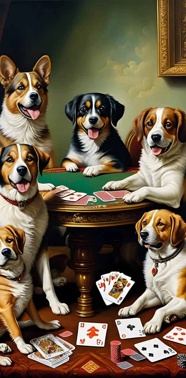 dogs playing with cards
