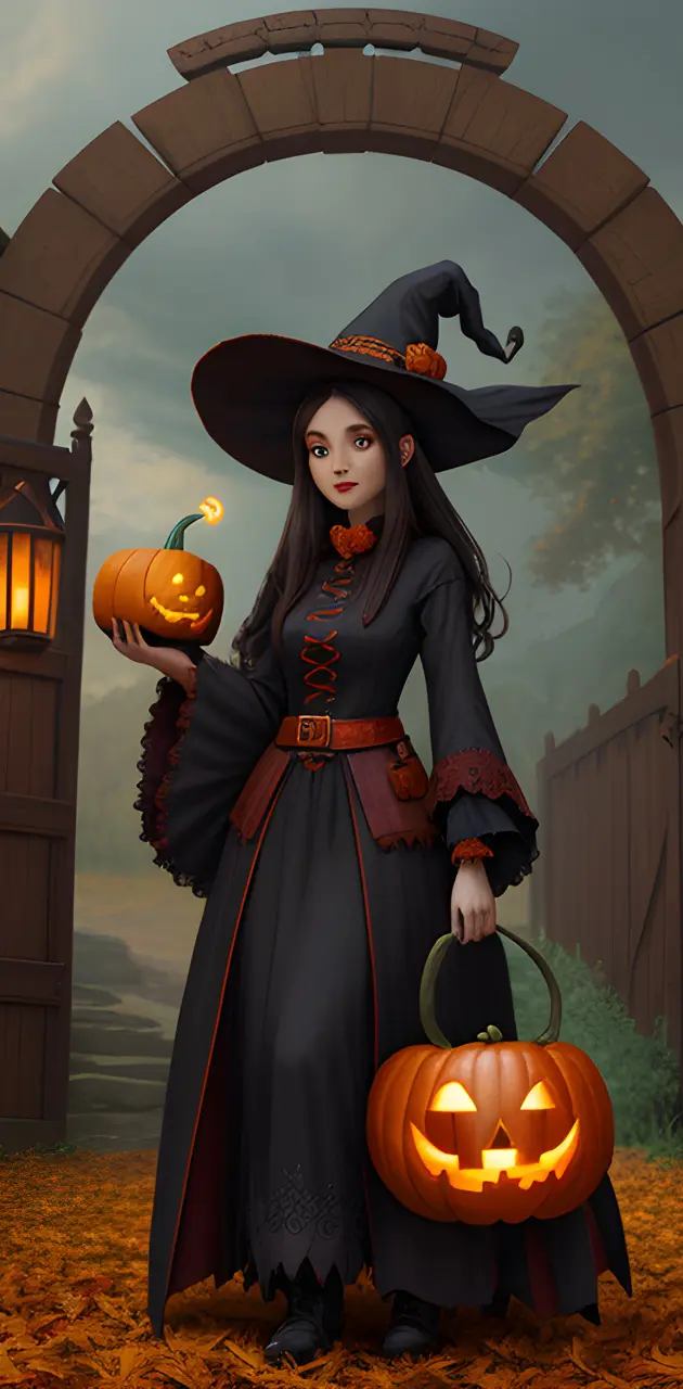 Halloween Witch Scholar Holding a Jack-O'-Lantern