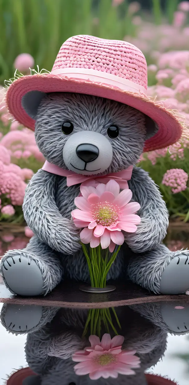 a stuffed animal in a flowery garden