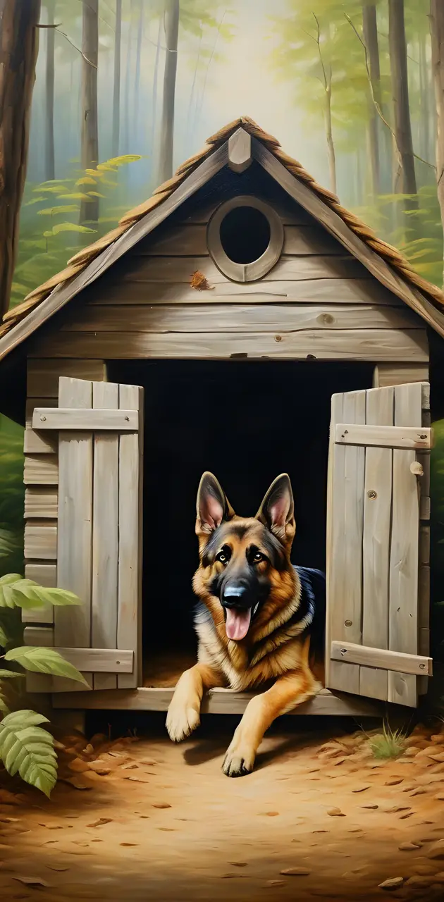 german shepard dog sitting in a dog house