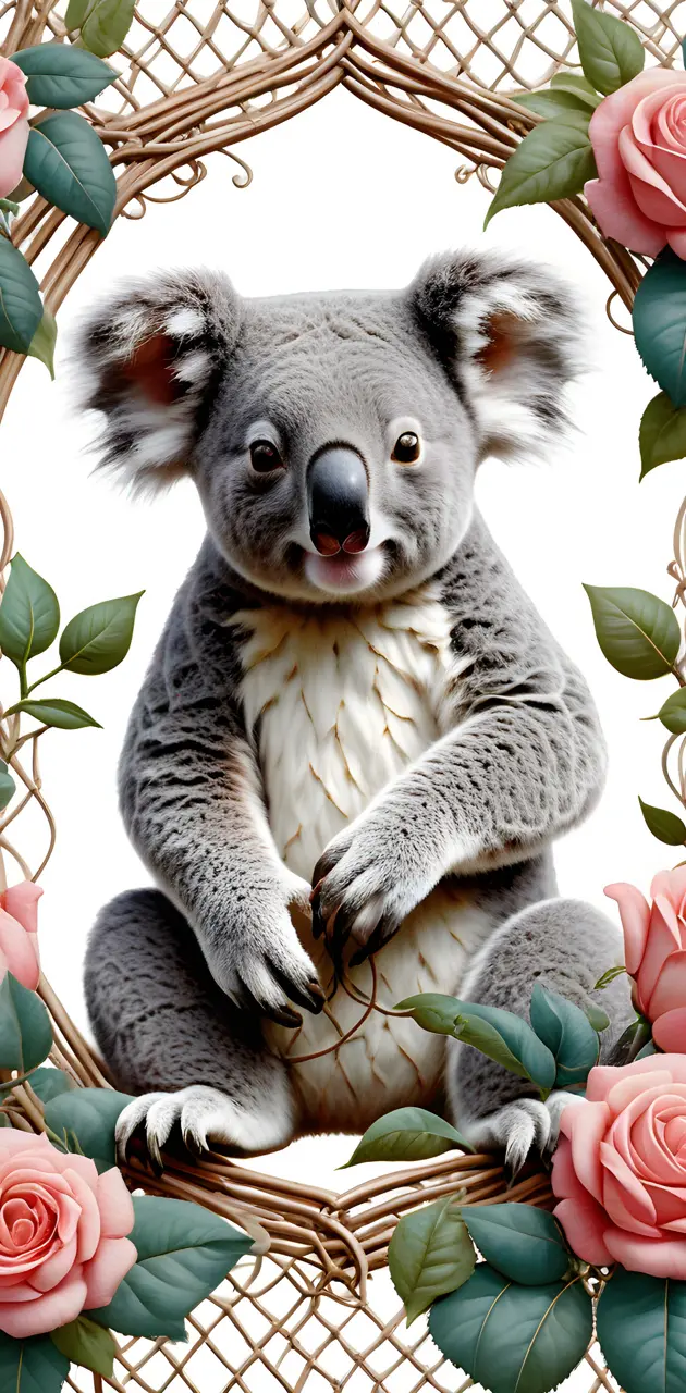 a koala bear in a basket of roses