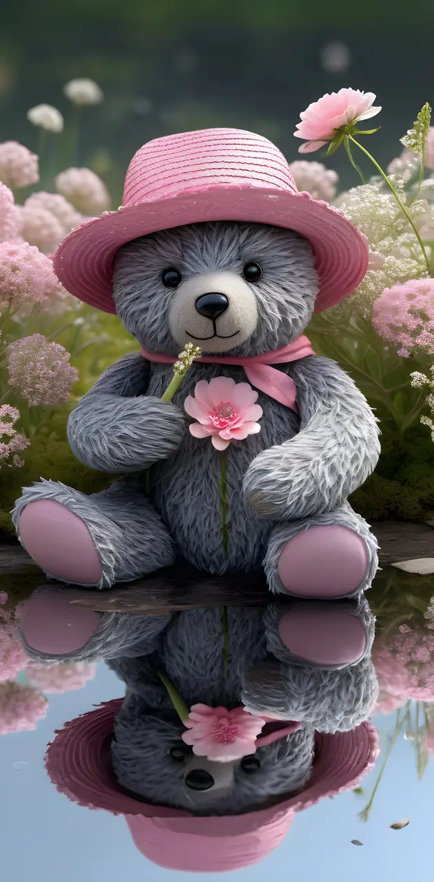 a teddy bear in a hat and dress in a pond
