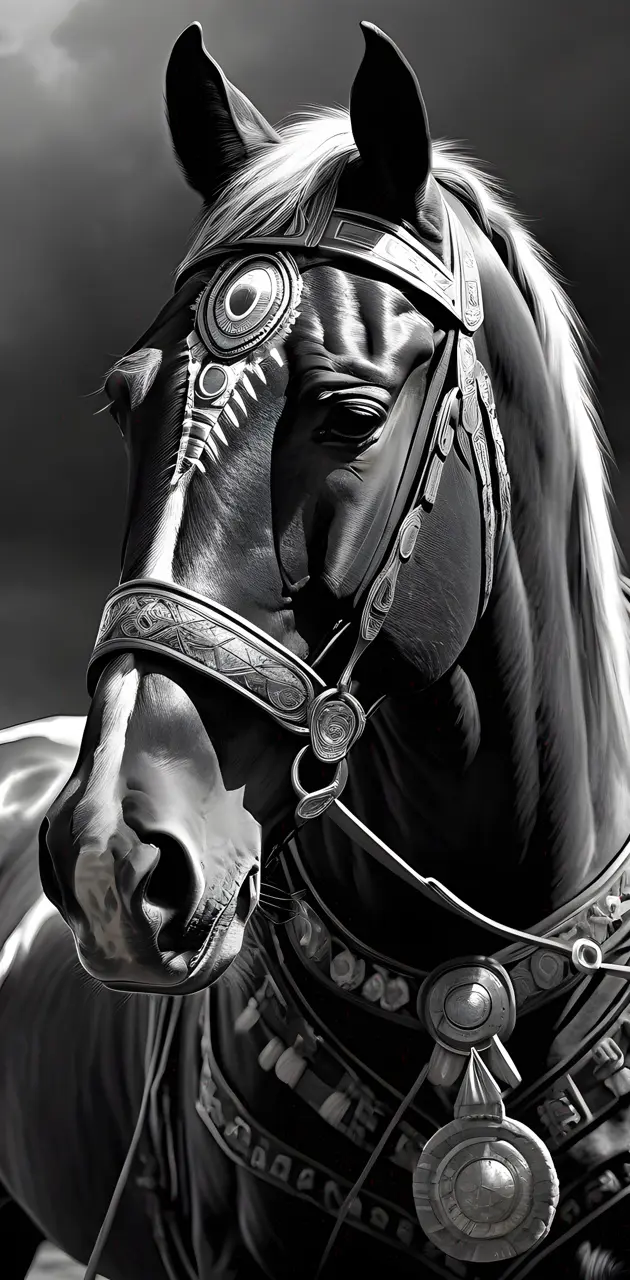 a black and white photo of a horse wearing a helmet