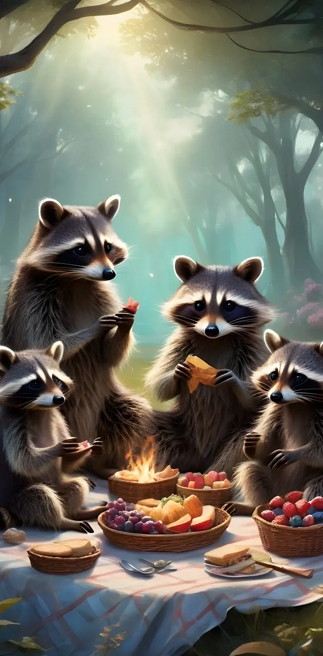 raccoons raiding the picnic