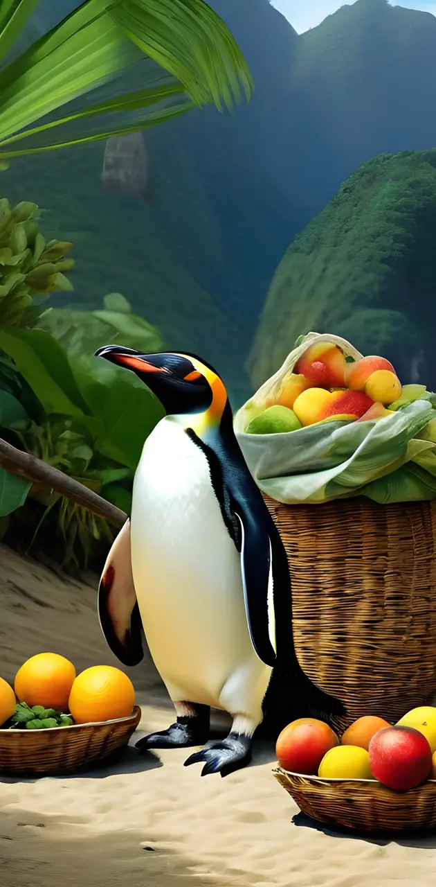 a bird standing on a table with fruit and a basket of fruit