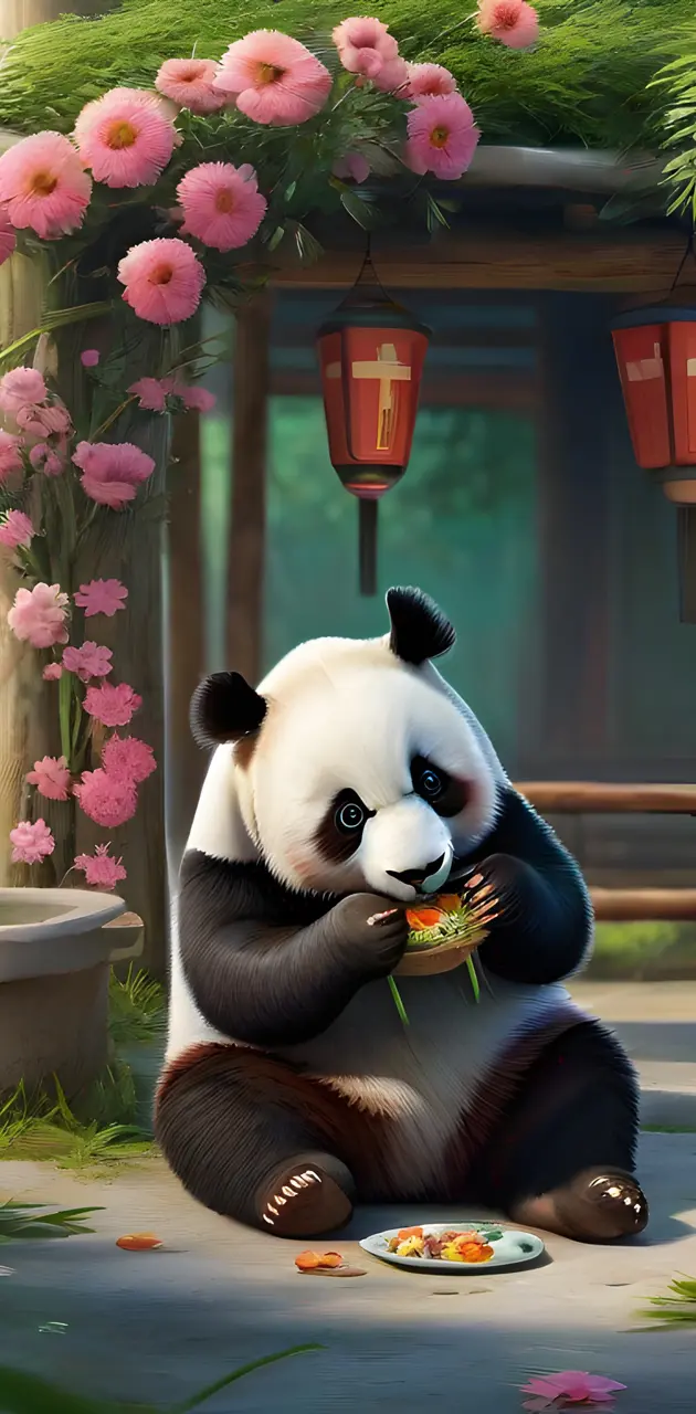 Panda stand with flowers eating food