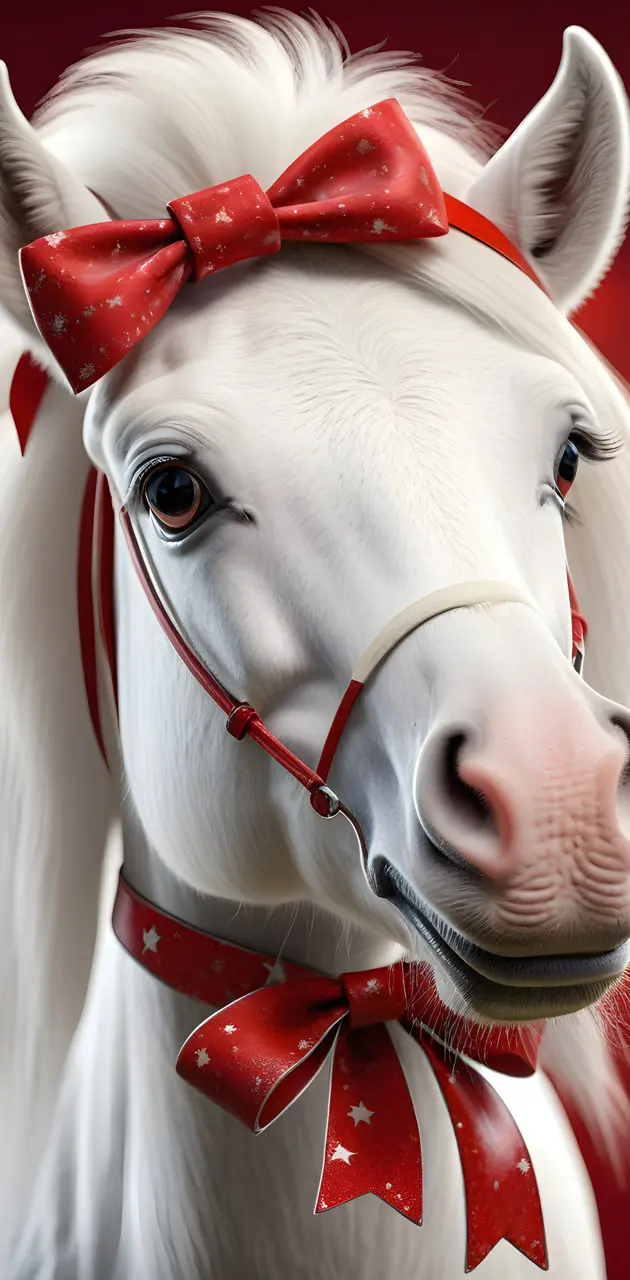 a white horse with a red bow