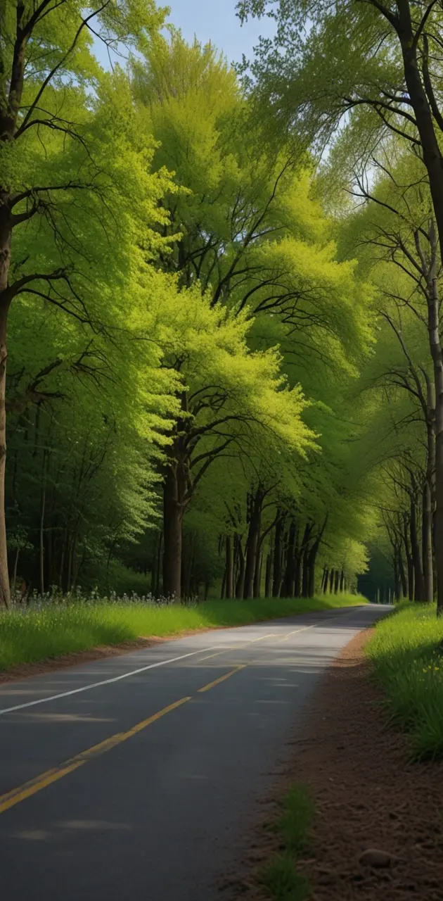 Spring green trees road.