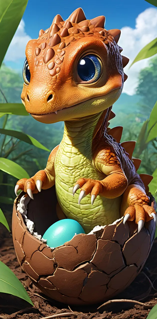 Anime, cute, baby dinosaur hatching from its egg