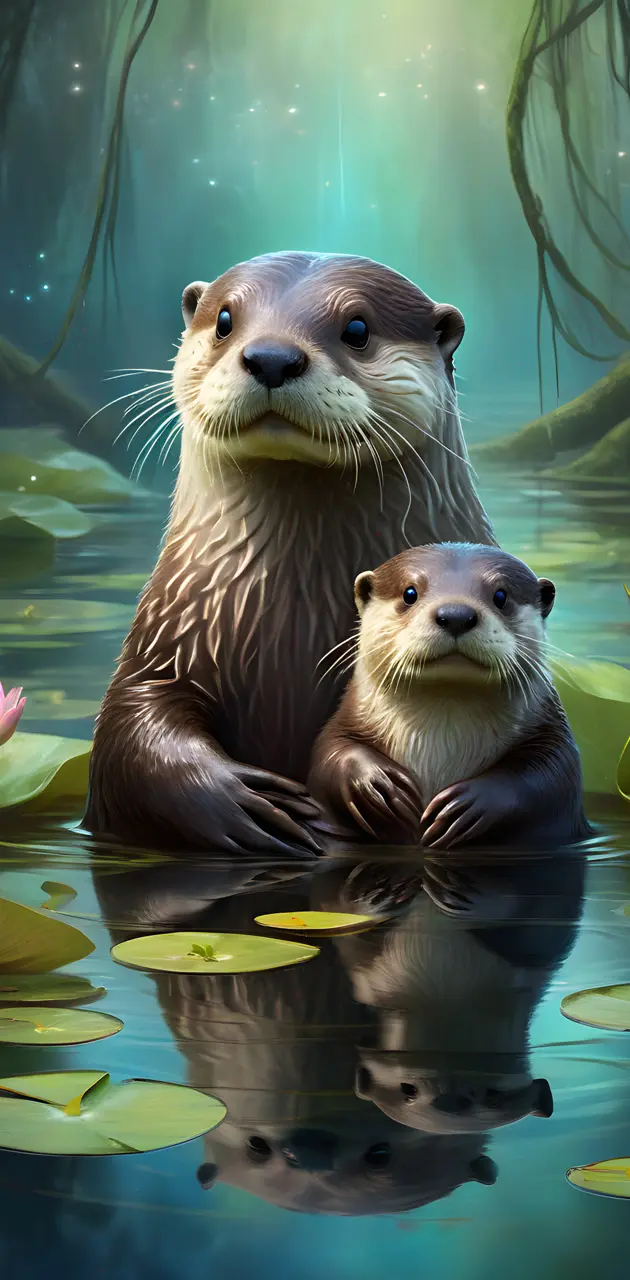 two otters in water