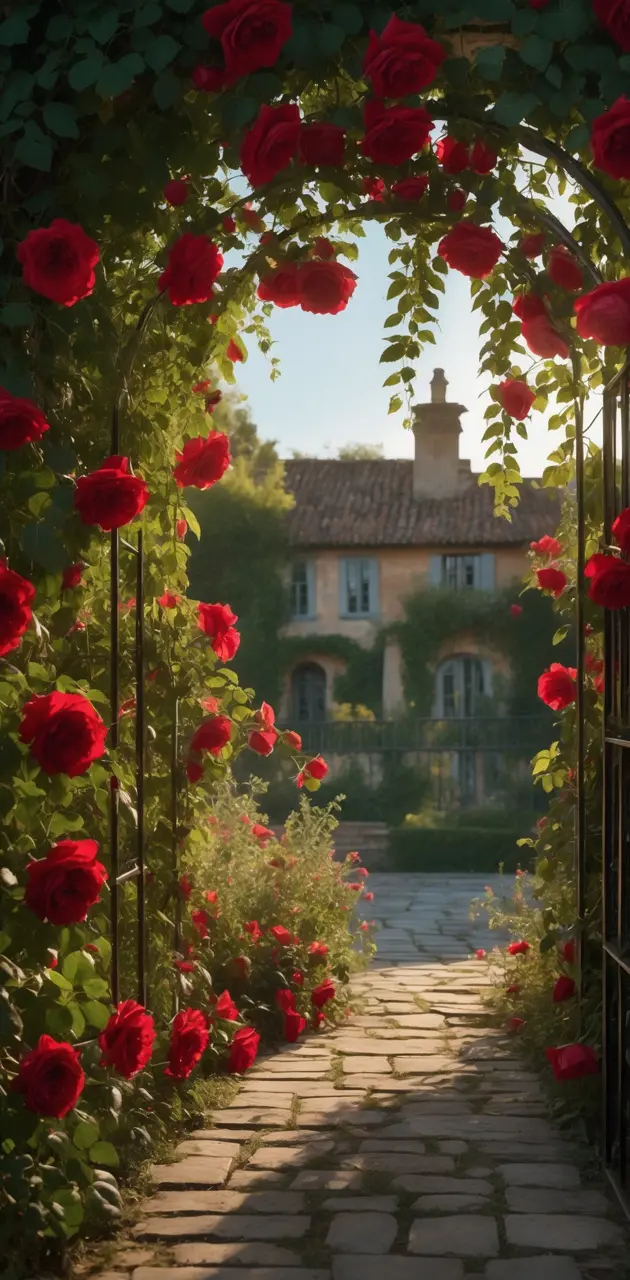 A full bloom rose garden near elegant old house