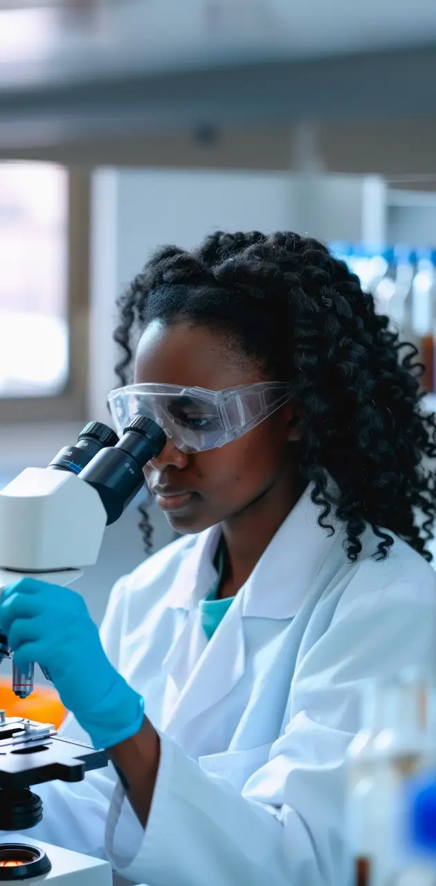 American black woman scientist looking through microscope in lab