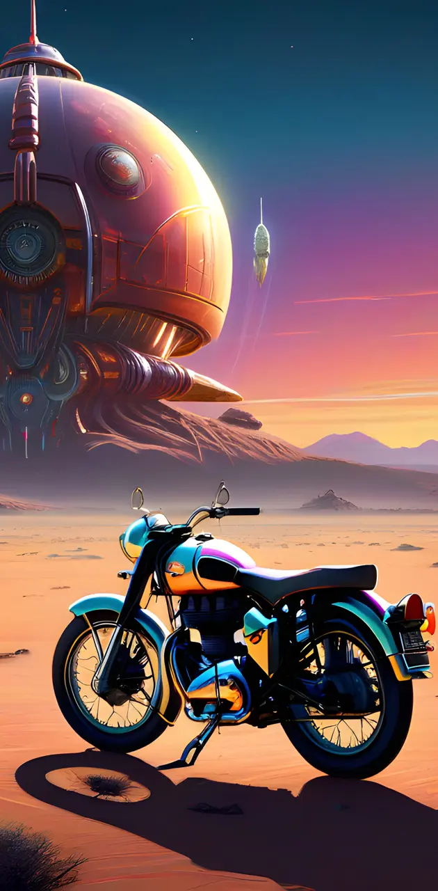 a motorcycle parked in front of a spaceship