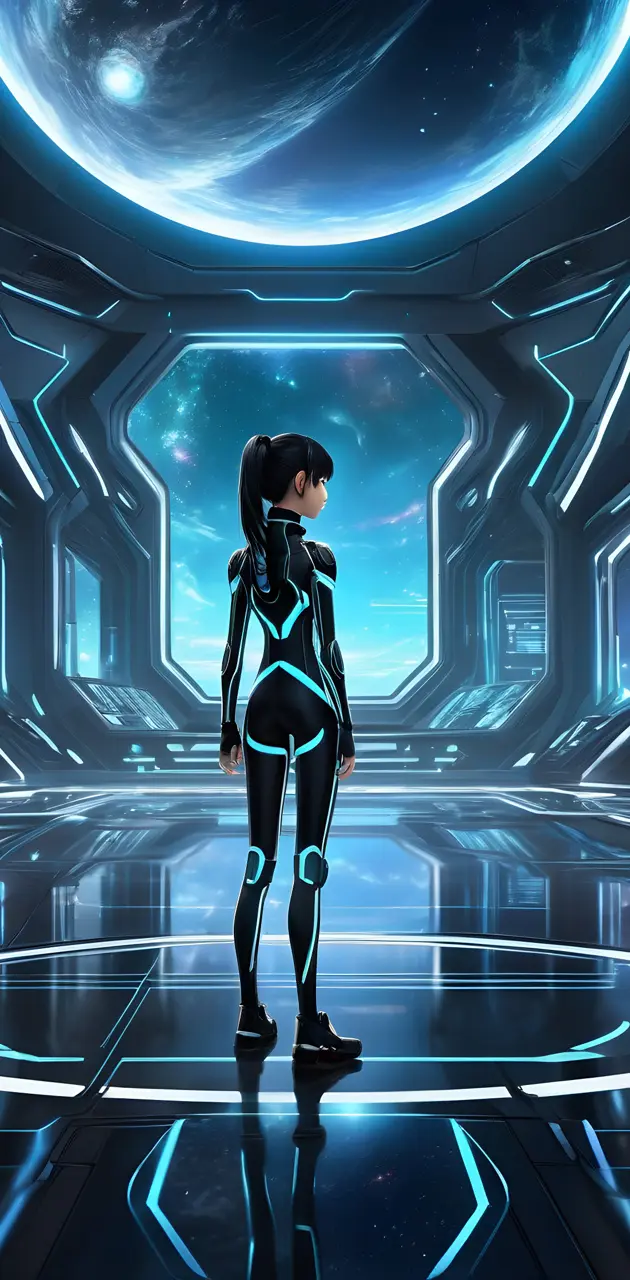 Asian anime gamer girl in a Tron Legacy-inspired environment