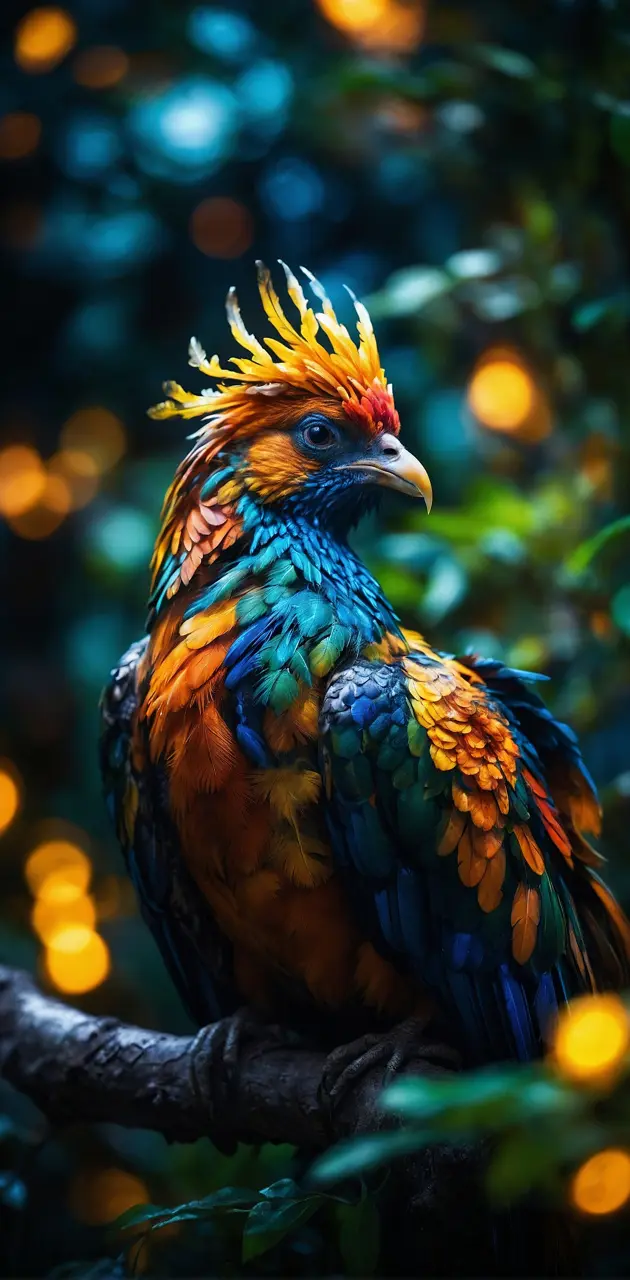 a colorful phoenix bird, overlooking the night sky. the bird is restin