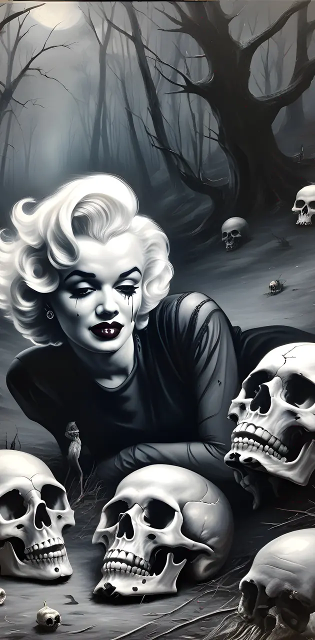 Marilyn Monroe with a skull and a group of skulls