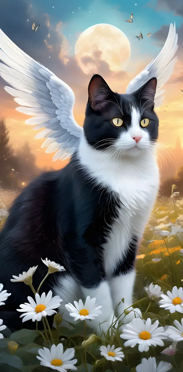 black and white kitty with wings