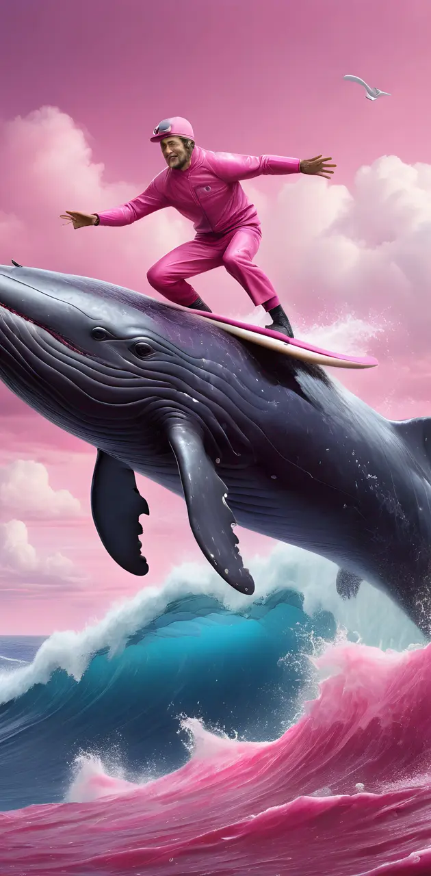 pink guy surfing on a whale in pink ocean
