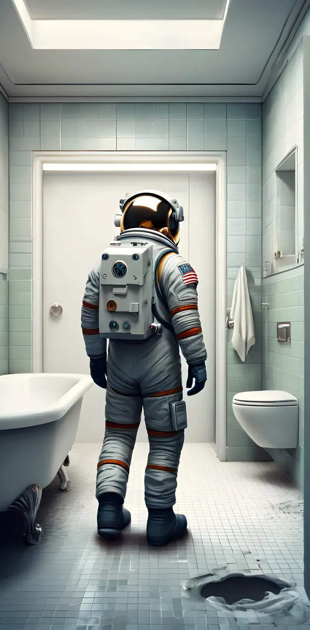 astronaut walking in the bathroom
