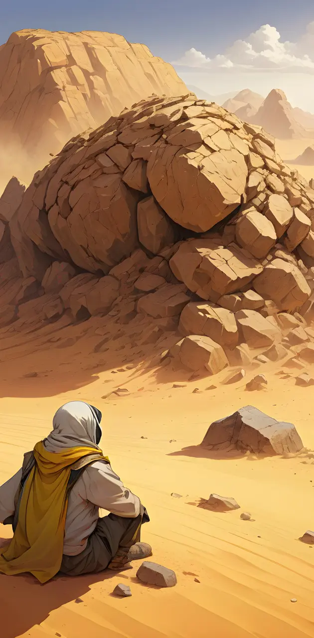boy in the desert next to rocks