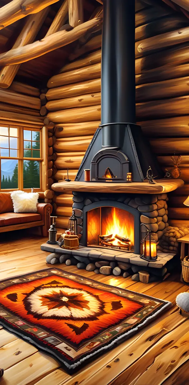 log cabin rug fireplac