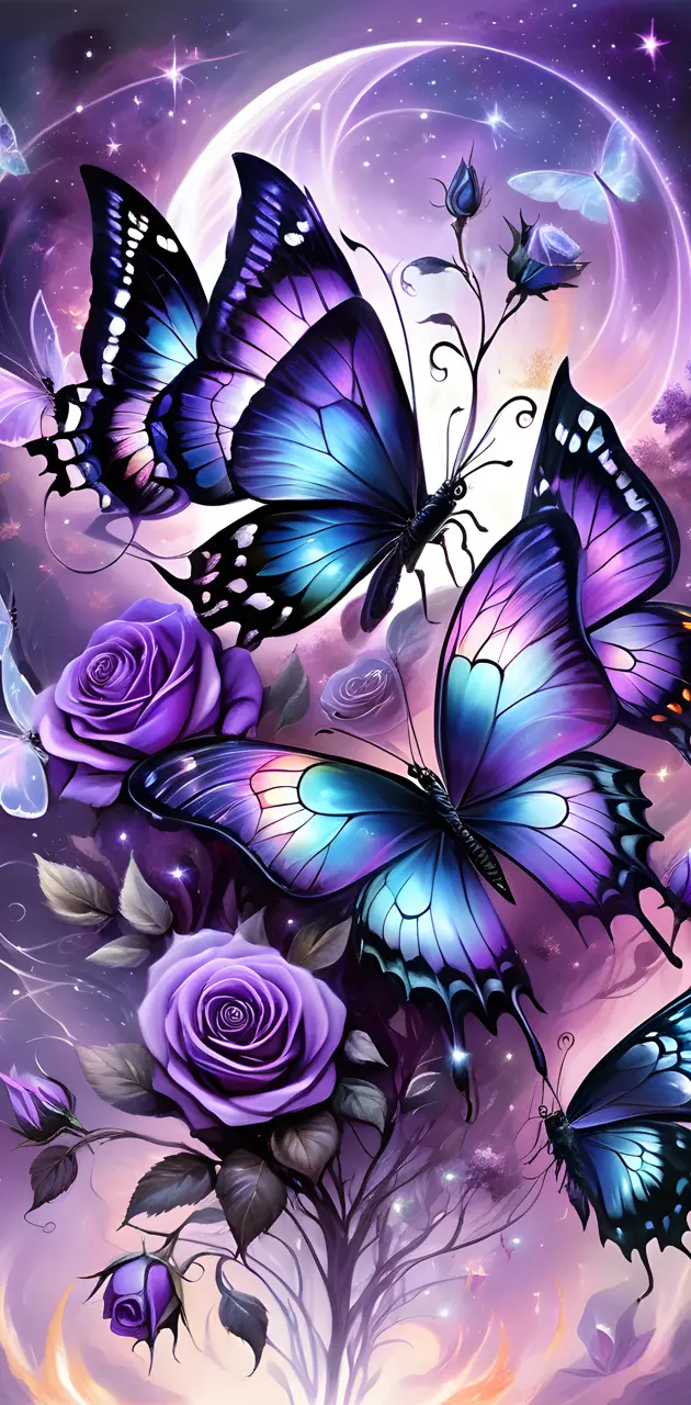 beautiful iridescent opalescent butterfly's on beautiful roses