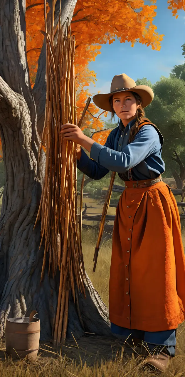 American Ranger Woman Making orange dye from Osage Orange Wood