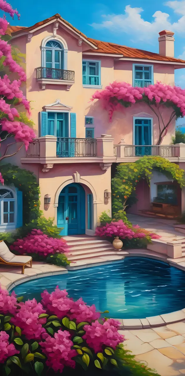 a house with a pool and flowers in front of it
