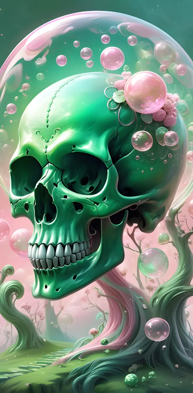 Skull, green, inside of a large bubble, small bubbles inside large bub