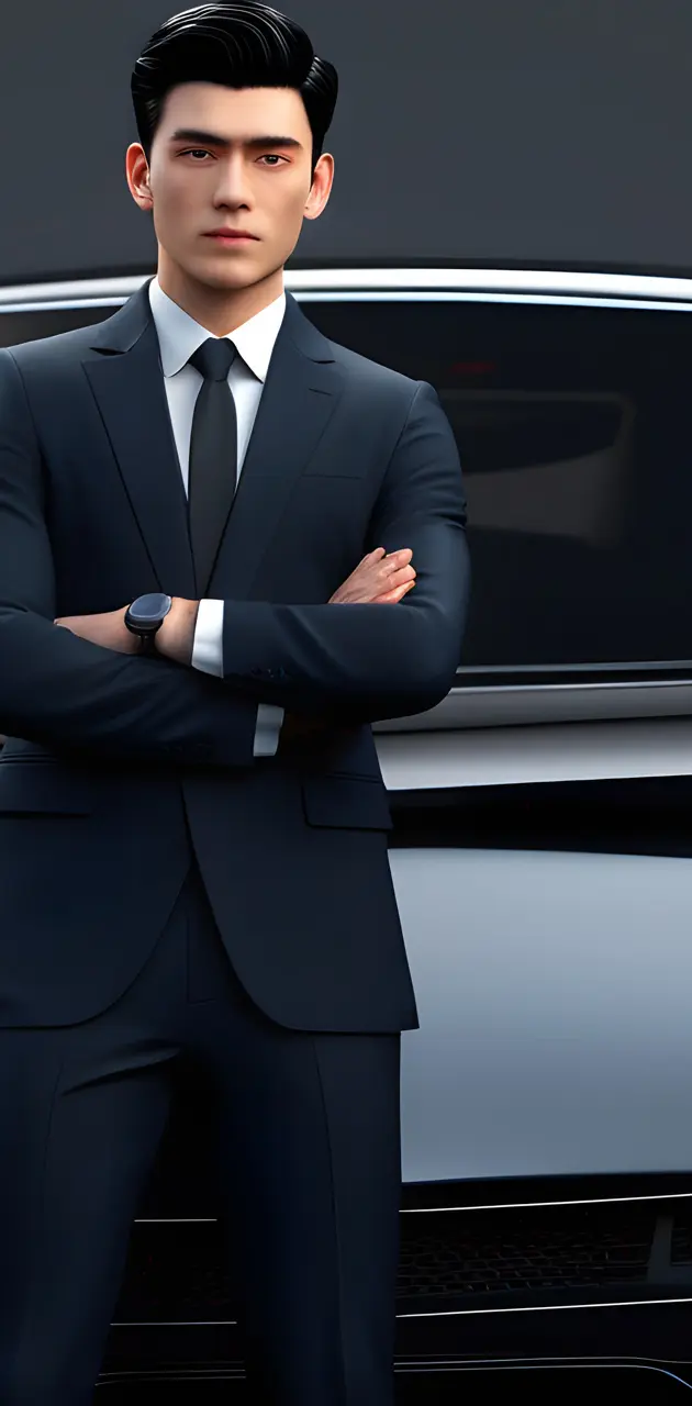 a person in a suit sitting on a car
