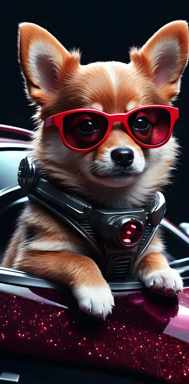 a dog wearing glasses and holding a steering wheel