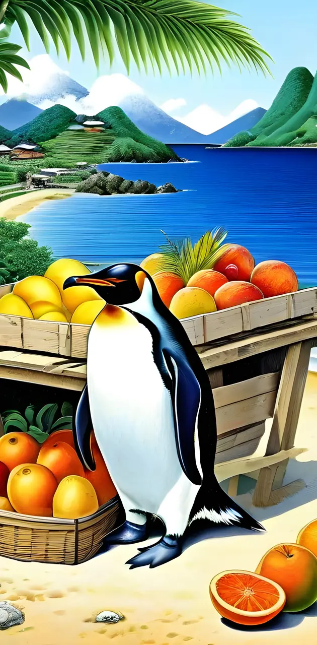 a bird sitting on a bench next to a basket of fruit