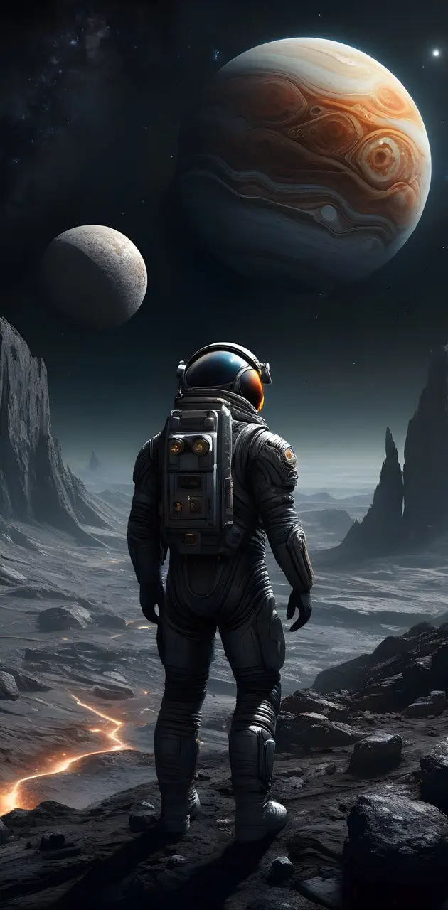 Astronaut stand on a on of jupiter's moon