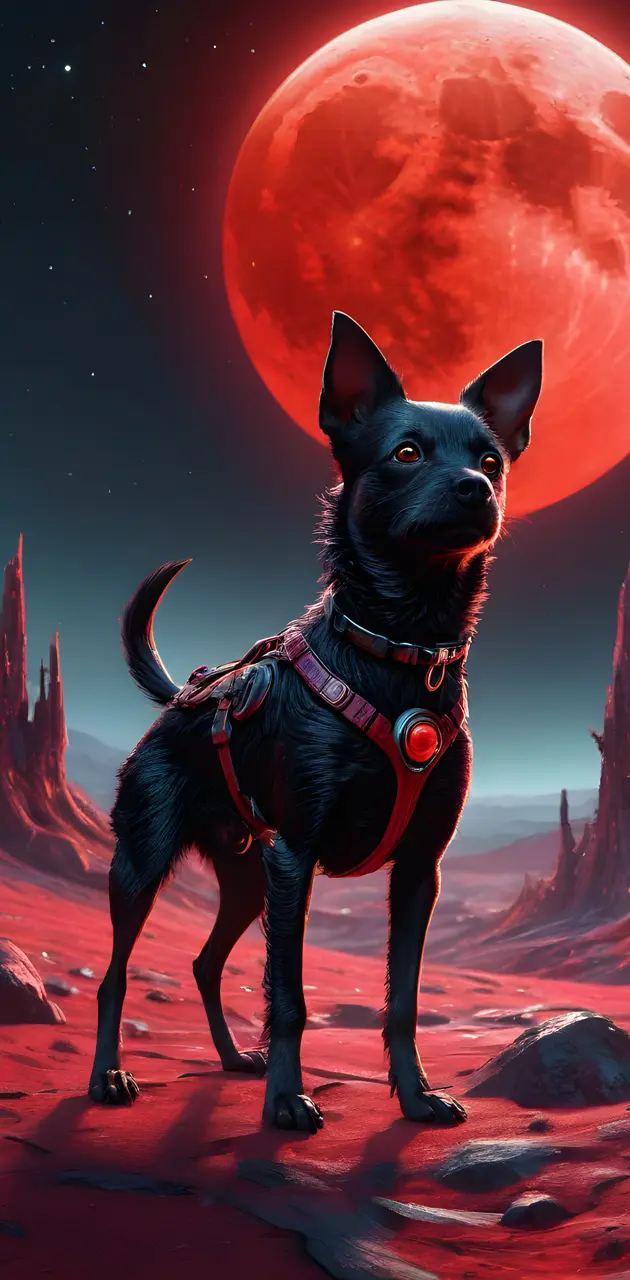 a little black dog standing in front of a moon