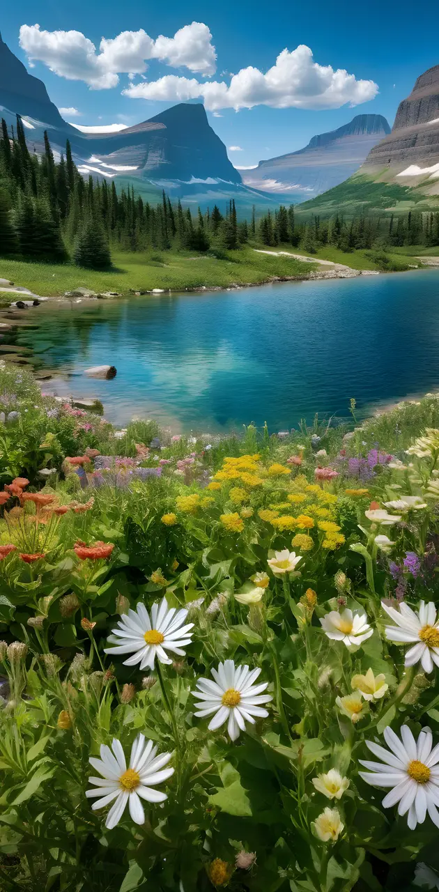 a body of water surrounded by flowers and mountains